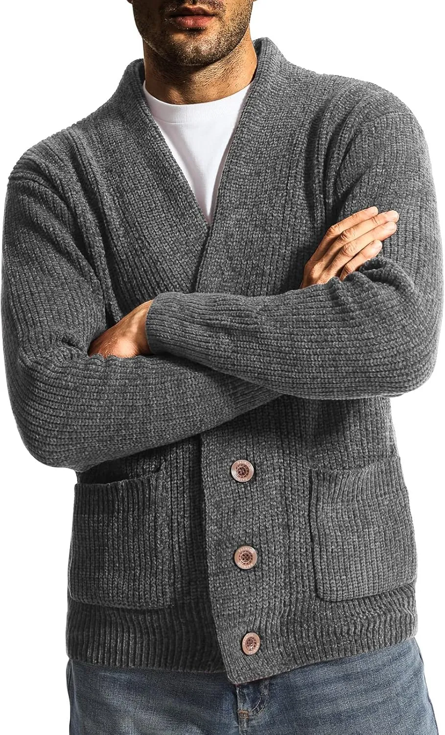 Surenow Mens Shawl Collar Cardigan Sweater Cable Knit Buttons Casual Sweater Fleece Long-Sleeve Chenille Sweater with Pockets