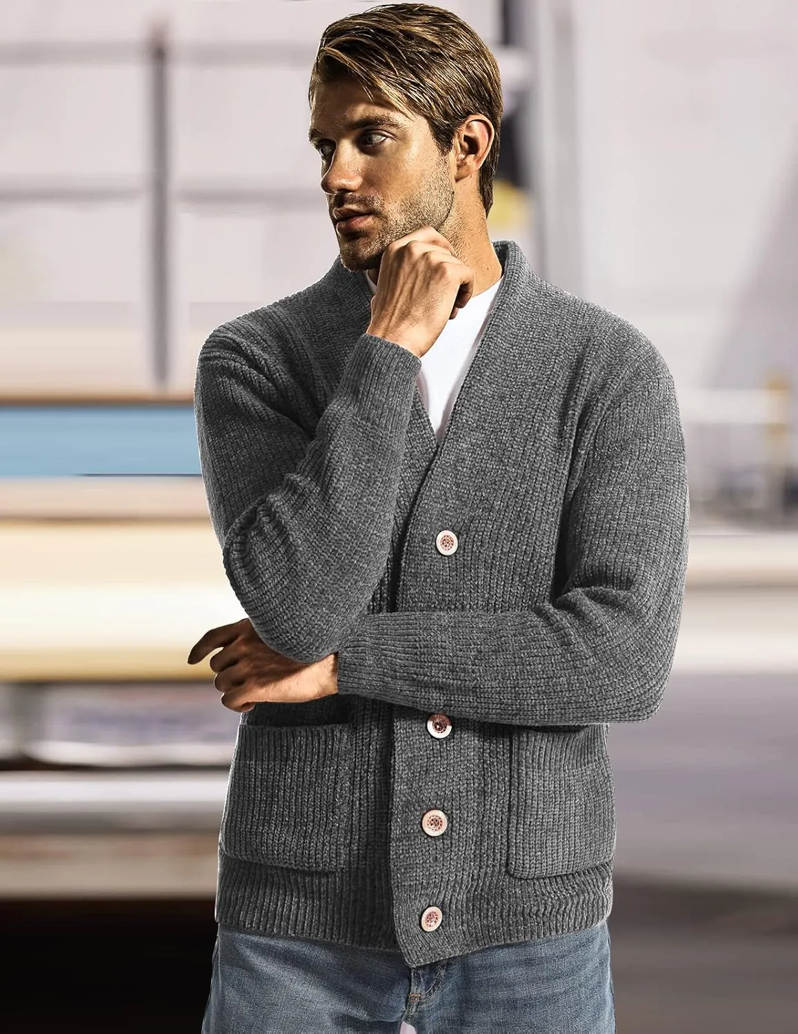 Surenow Mens Shawl Collar Cardigan Sweater Cable Knit Buttons Casual Sweater Fleece Long-Sleeve Chenille Sweater with Pockets