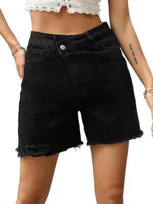 SweatyRocks Women's Asymmetrical High Waist Straight Leg Denim Shorts Summer Raw Hem Jean Shorts Hot Pants