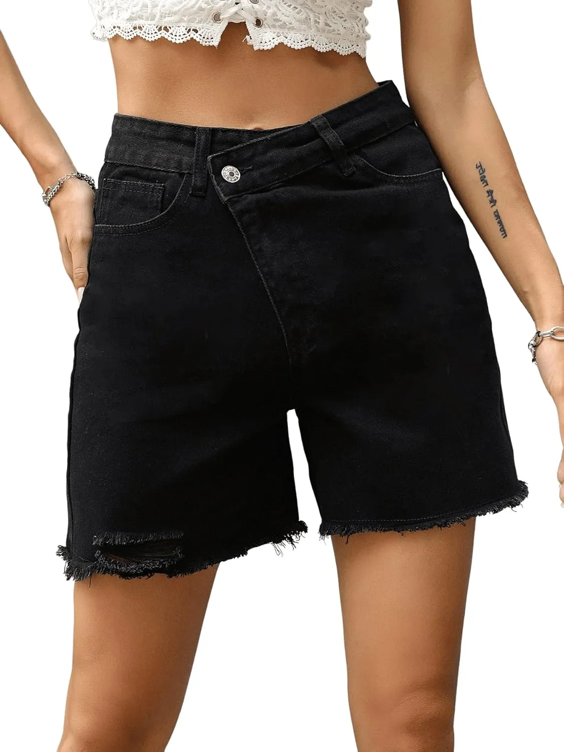 SweatyRocks Women's Asymmetrical High Waist Straight Leg Denim Shorts Summer Raw Hem Jean Shorts Hot Pants