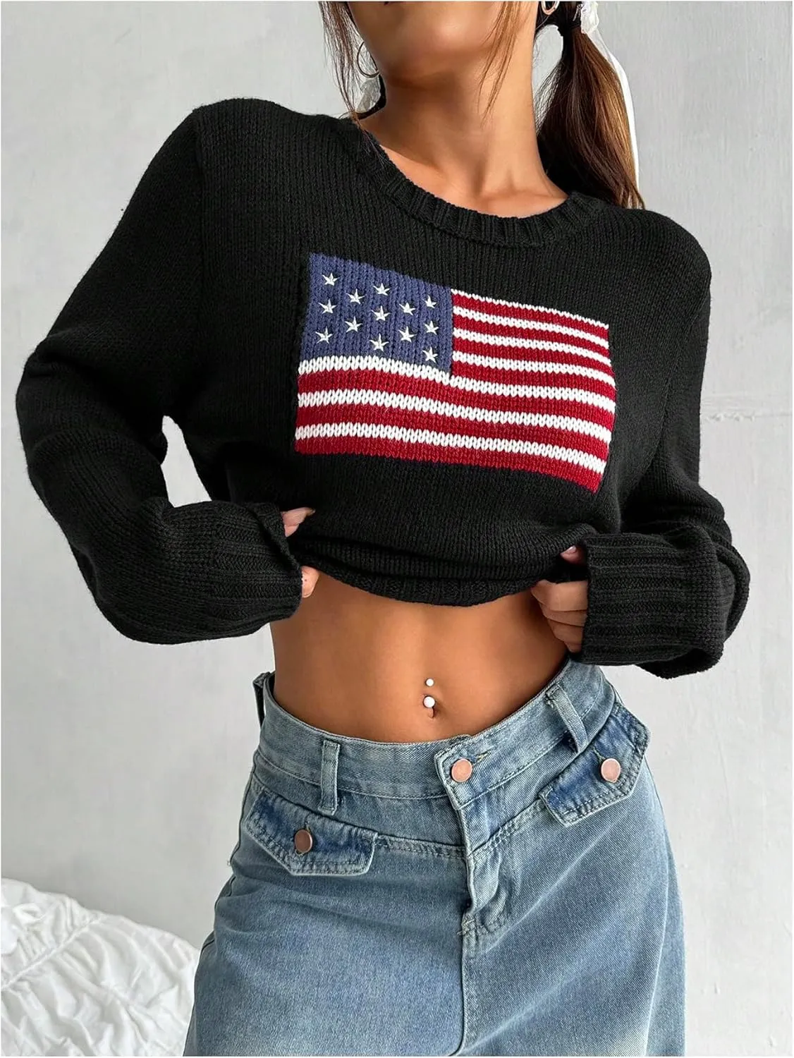 SweatyRocks Women's Flag Pattern Long Sleeve Round Neck Sweater Casual Loose Pullover Sweater