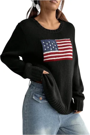 SweatyRocks Women's Flag Pattern Long Sleeve Round Neck Sweater Casual Loose Pullover Sweater