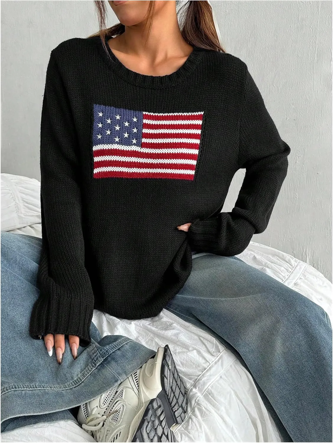 SweatyRocks Women's Flag Pattern Long Sleeve Round Neck Sweater Casual Loose Pullover Sweater