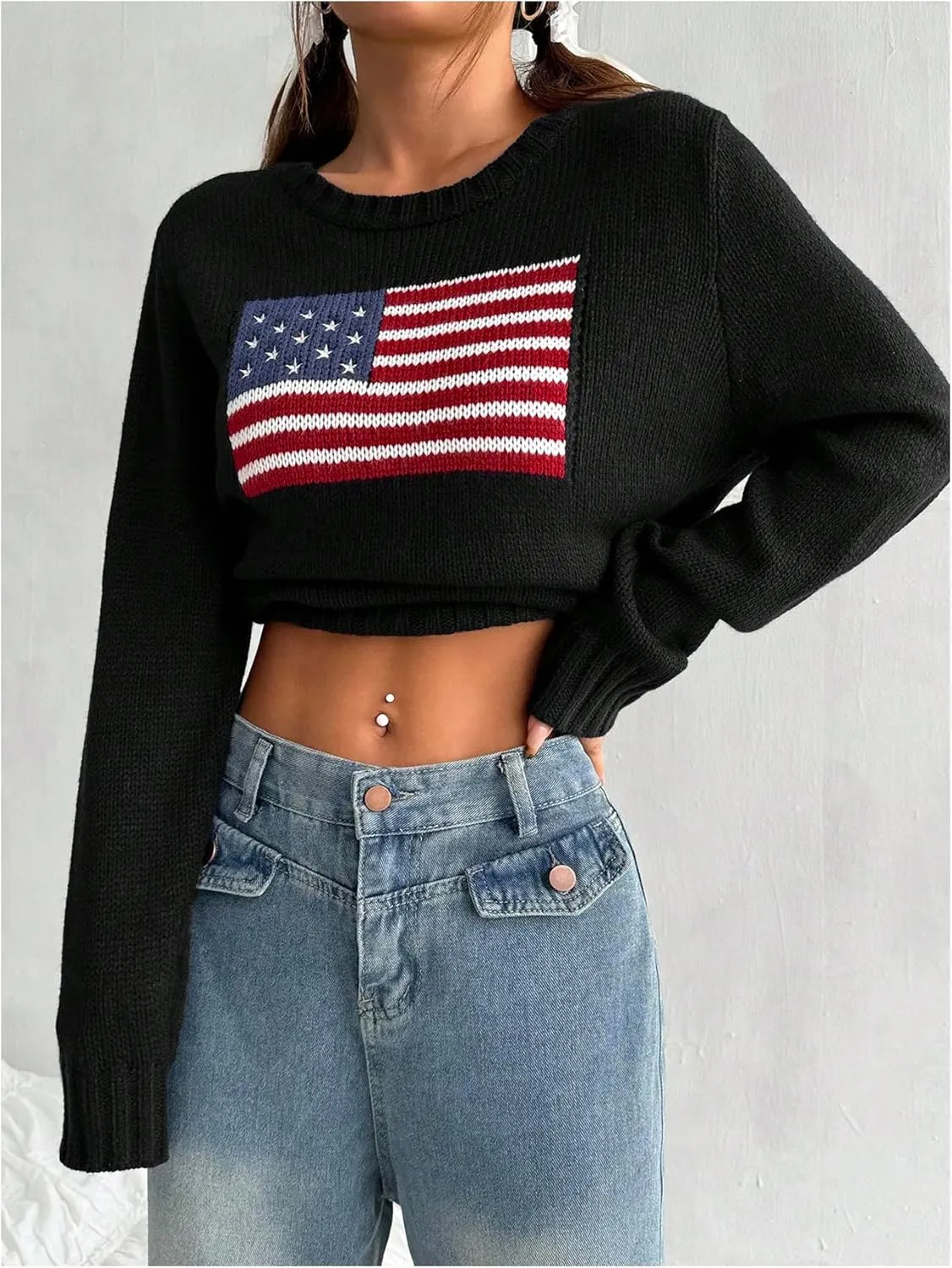 SweatyRocks Women's Flag Pattern Long Sleeve Round Neck Sweater Casual Loose Pullover Sweater