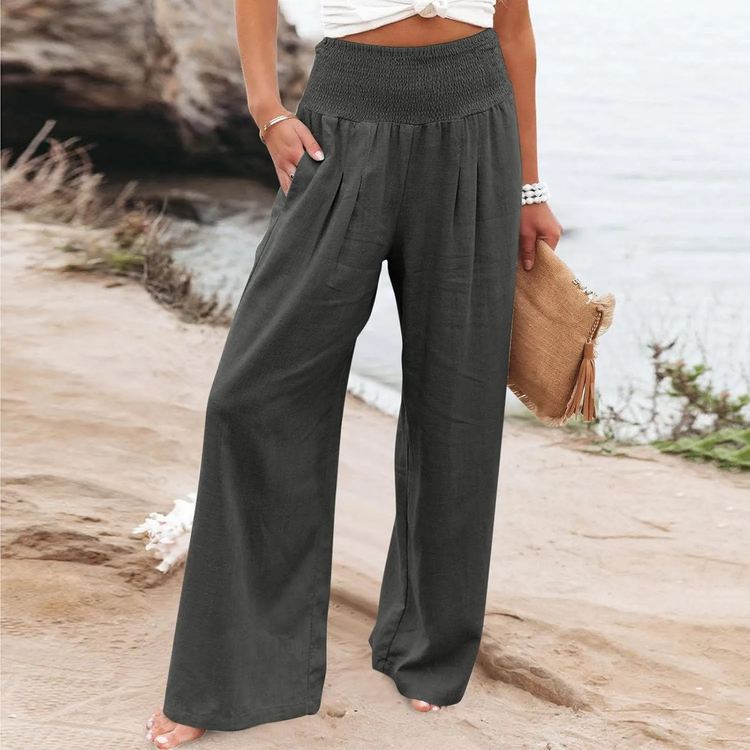TANGNADE Women Summer Smocked High Waisted Cotton Linen Palazzo Pants Plus Size Wide Leg Casual Loose Travel Gauze Trouser