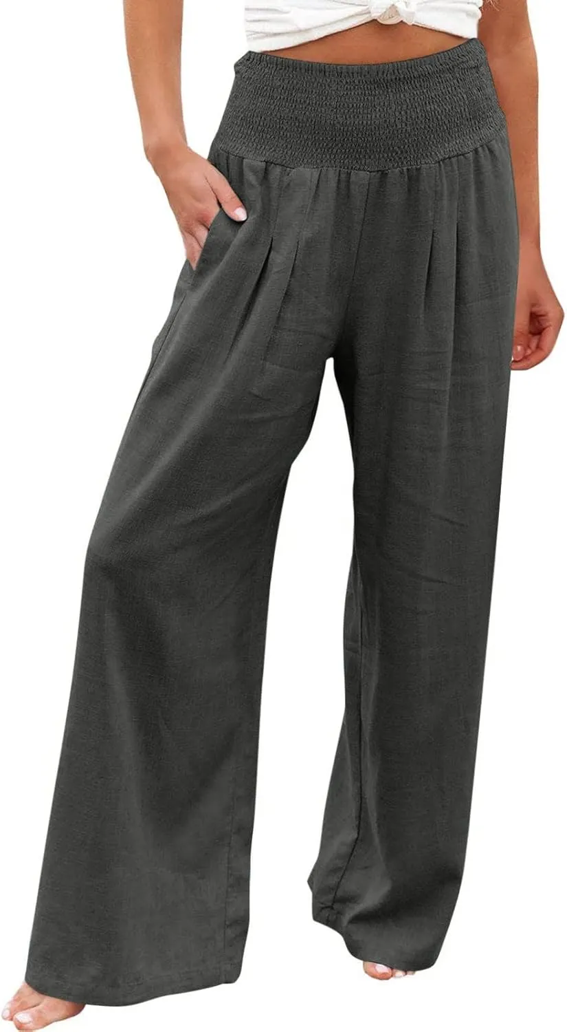 TANGNADE Women Summer Smocked High Waisted Cotton Linen Palazzo Pants Plus Size Wide Leg Casual Loose Travel Gauze Trouser