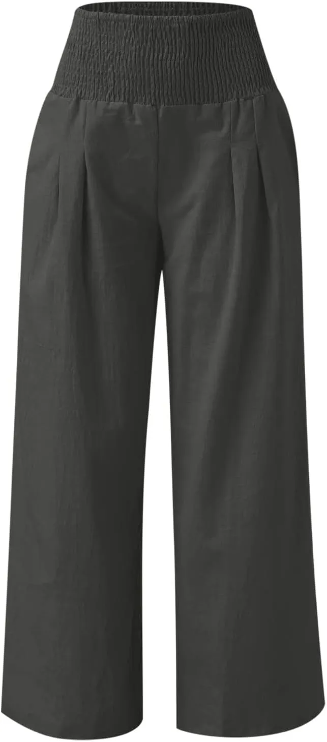 TANGNADE Women Summer Smocked High Waisted Cotton Linen Palazzo Pants Plus Size Wide Leg Casual Loose Travel Gauze Trouser