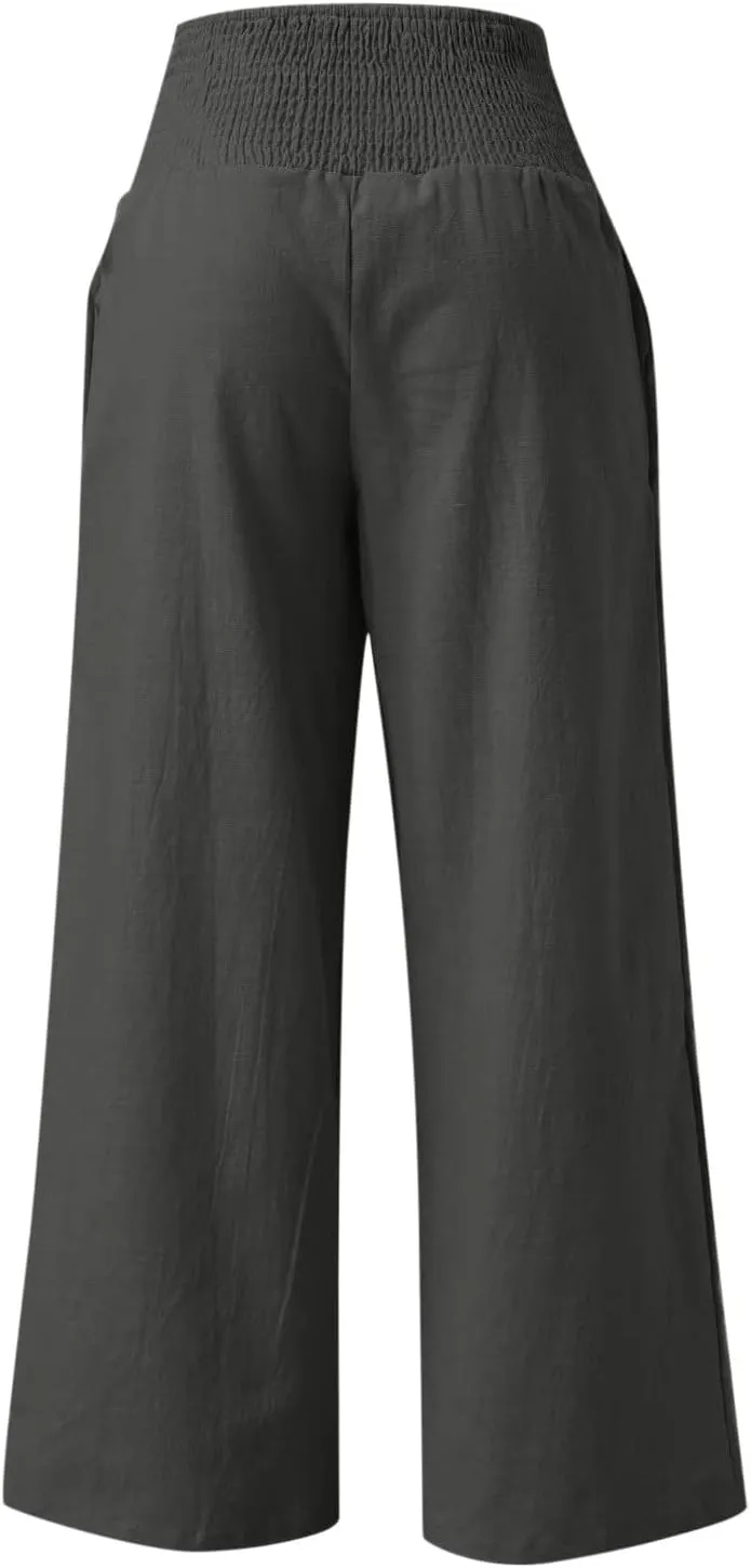 TANGNADE Women Summer Smocked High Waisted Cotton Linen Palazzo Pants Plus Size Wide Leg Casual Loose Travel Gauze Trouser