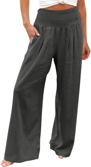 TANGNADE Women Summer Smocked High Waisted Cotton Linen Palazzo Pants Plus Size Wide Leg Casual Loose Travel Gauze Trouser