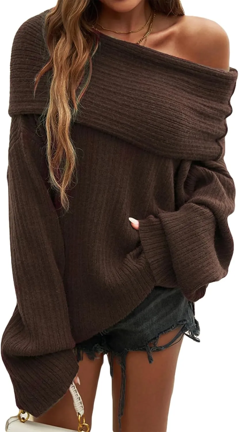Tbahhir Off The Shoulder Oversized Sweaters for Women Batwing Long Sleeve Chunky Slouchy Cable Knitted Pullover Tops