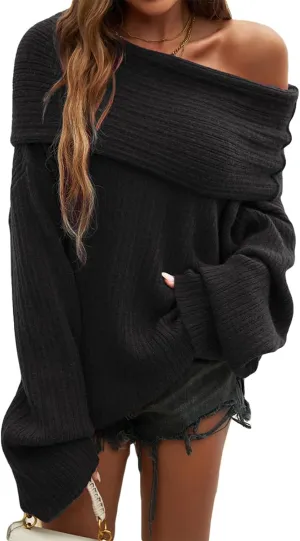 Tbahhir Off The Shoulder Oversized Sweaters for Women Batwing Long Sleeve Chunky Slouchy Cable Knitted Pullover Tops
