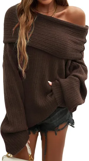 Tbahhir Off The Shoulder Oversized Sweaters for Women Batwing Long Sleeve Chunky Slouchy Cable Knitted Pullover Tops