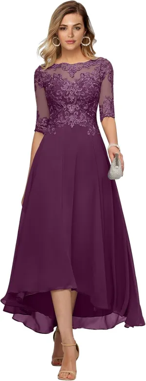 Tea Length Mother of The Bride Dresses for Wedding Half Sleeve Lace Chiffon Formal Evening Party Gown