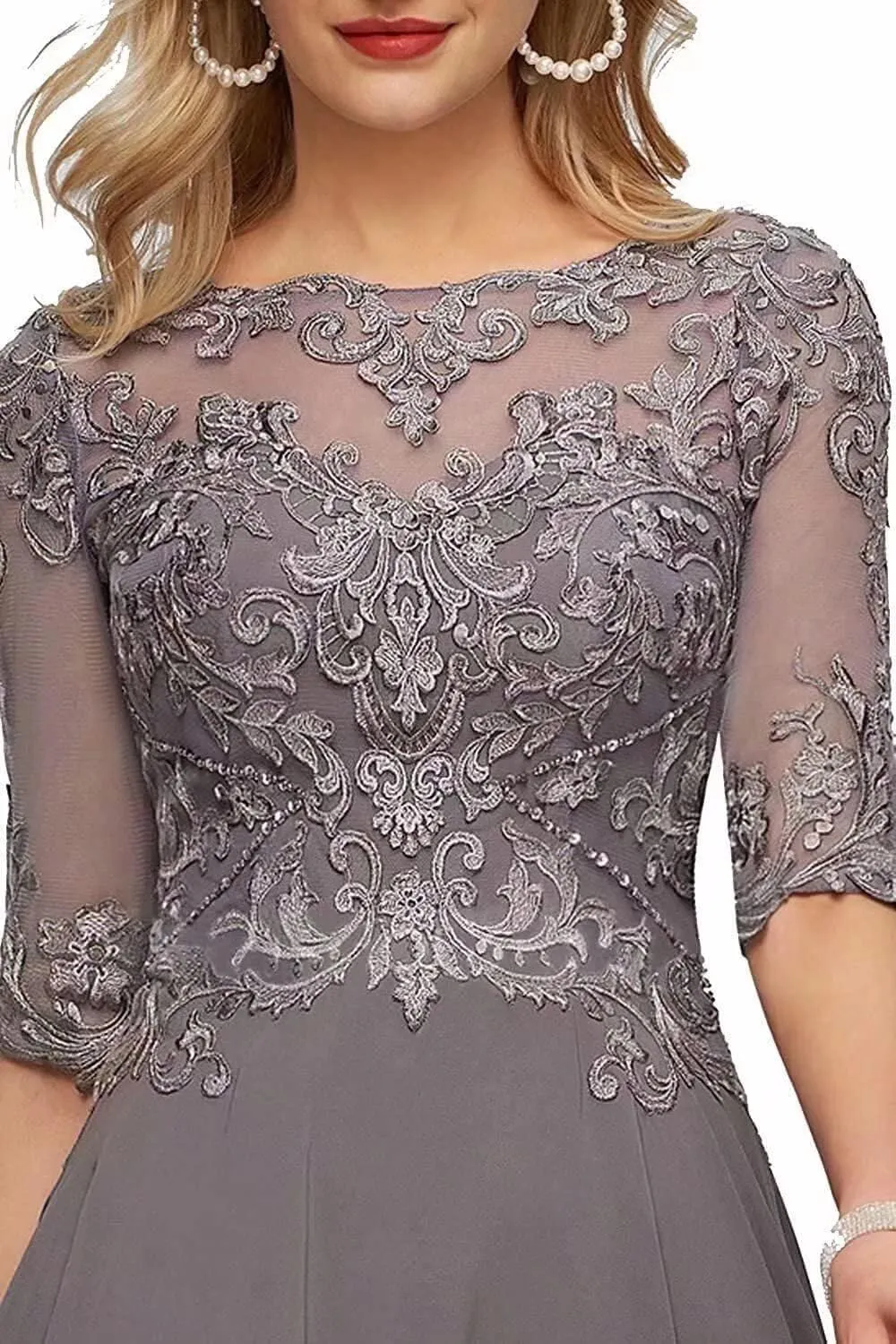 Tea Length Mother of The Bride Dresses for Wedding Half Sleeve Lace Chiffon Formal Evening Party Gown