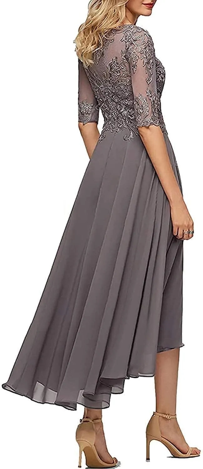Tea Length Mother of The Bride Dresses for Wedding Half Sleeve Lace Chiffon Formal Evening Party Gown
