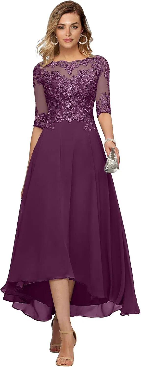 Tea Length Mother of The Bride Dresses for Wedding Half Sleeve Lace Chiffon Formal Evening Party Gown