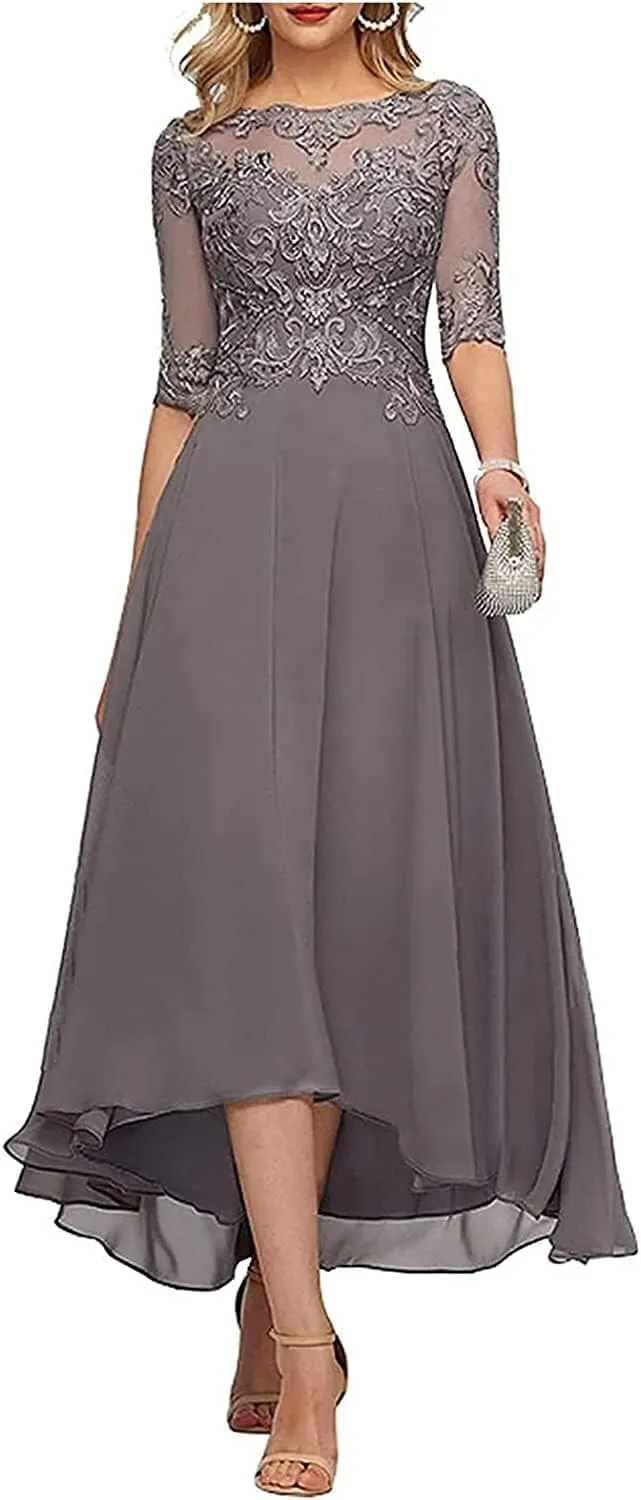 Tea Length Mother of The Bride Dresses for Wedding Half Sleeve Lace Chiffon Formal Evening Party Gown