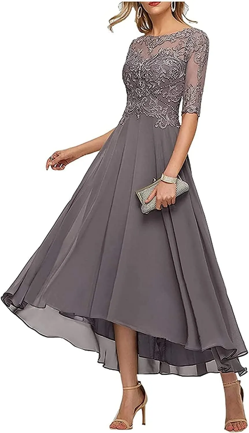 Tea Length Mother of The Bride Dresses for Wedding Half Sleeve Lace Chiffon Formal Evening Party Gown