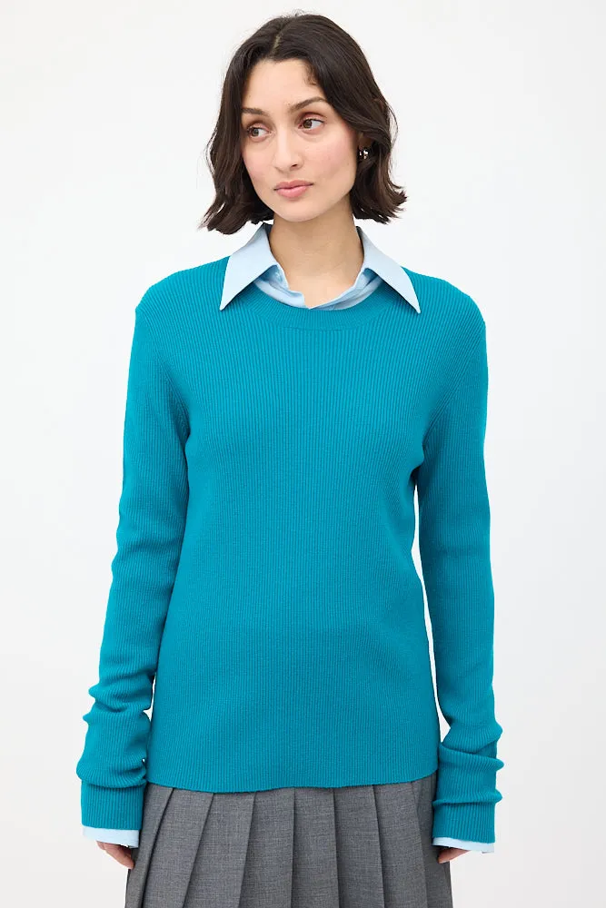Teal Wool Ribbed Crewneck Sweater