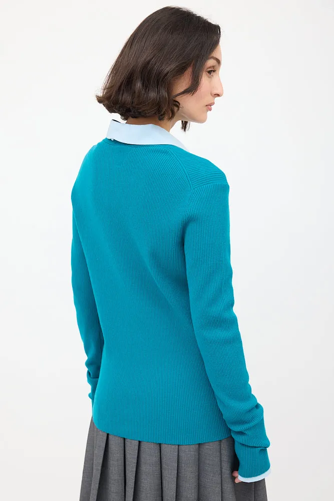 Teal Wool Ribbed Crewneck Sweater