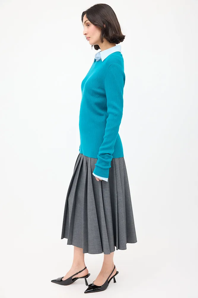 Teal Wool Ribbed Crewneck Sweater