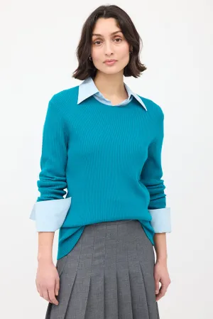 Teal Wool Ribbed Crewneck Sweater
