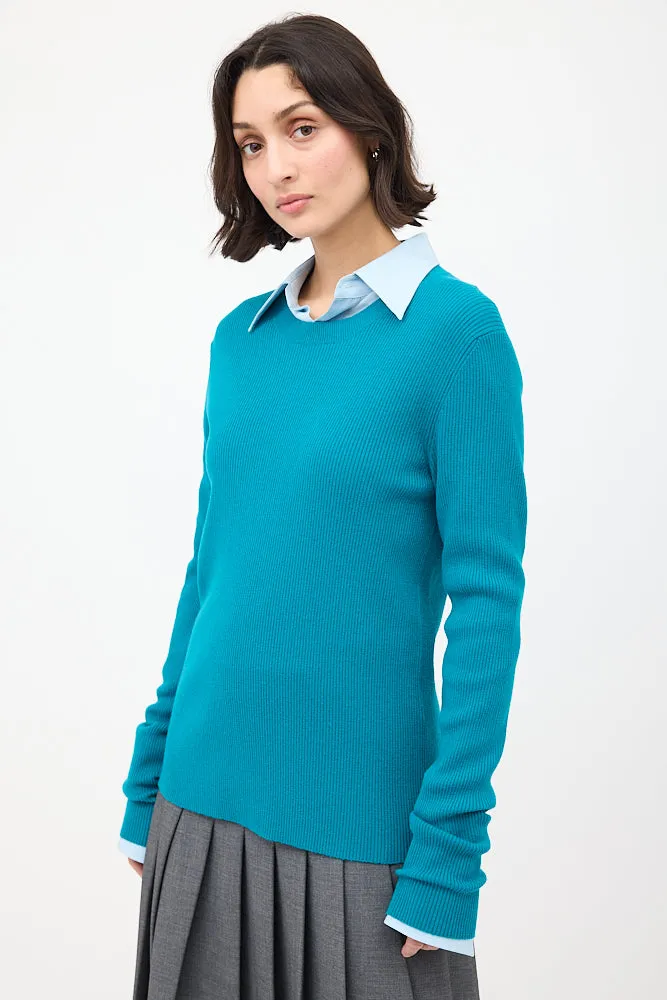 Teal Wool Ribbed Crewneck Sweater