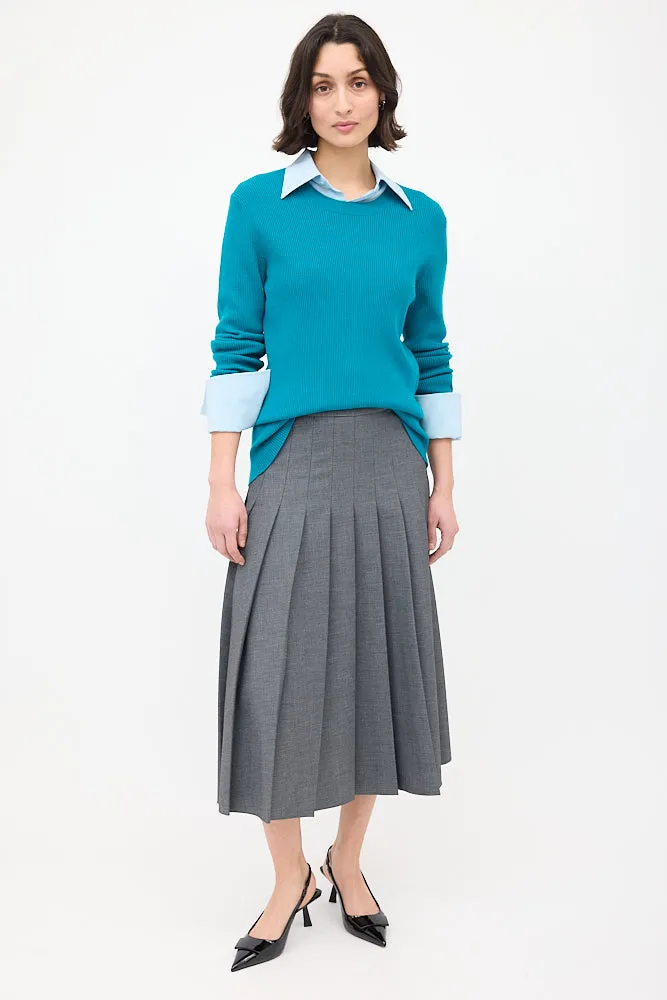 Teal Wool Ribbed Crewneck Sweater
