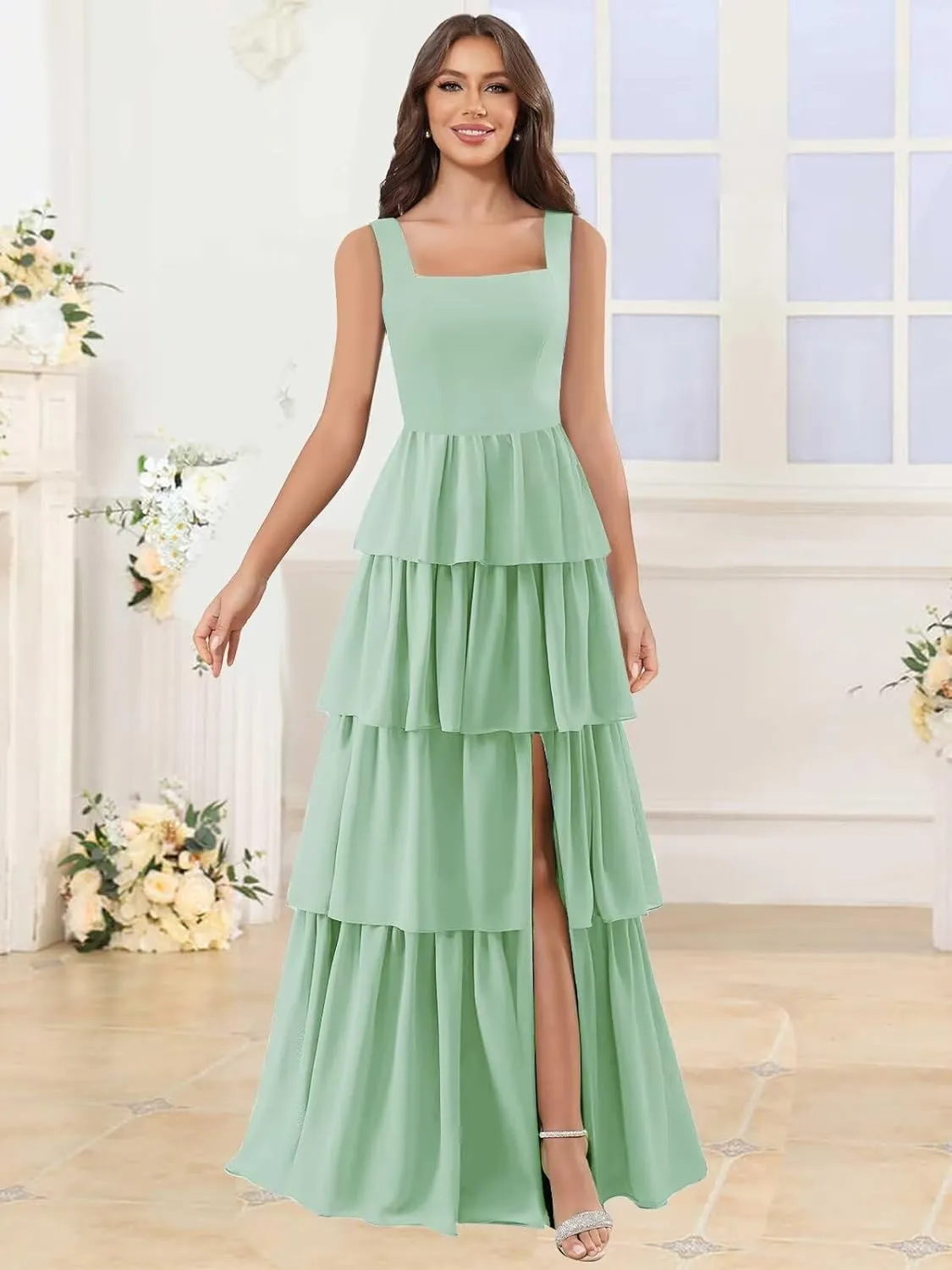 Tiered Bridesmaid Dresses with Slit Spaghetti Straps Ruched Chiffon Long Formal Dress Evening Gown