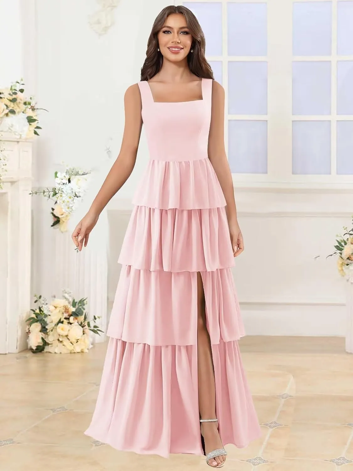 Tiered Bridesmaid Dresses with Slit Spaghetti Straps Ruched Chiffon Long Formal Dress Evening Gown