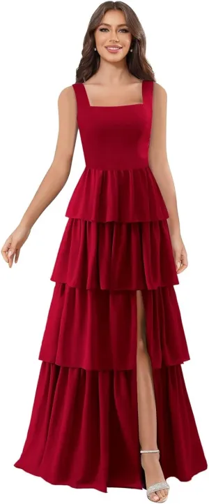 Tiered Bridesmaid Dresses with Slit Spaghetti Straps Ruched Chiffon Long Formal Dress Evening Gown