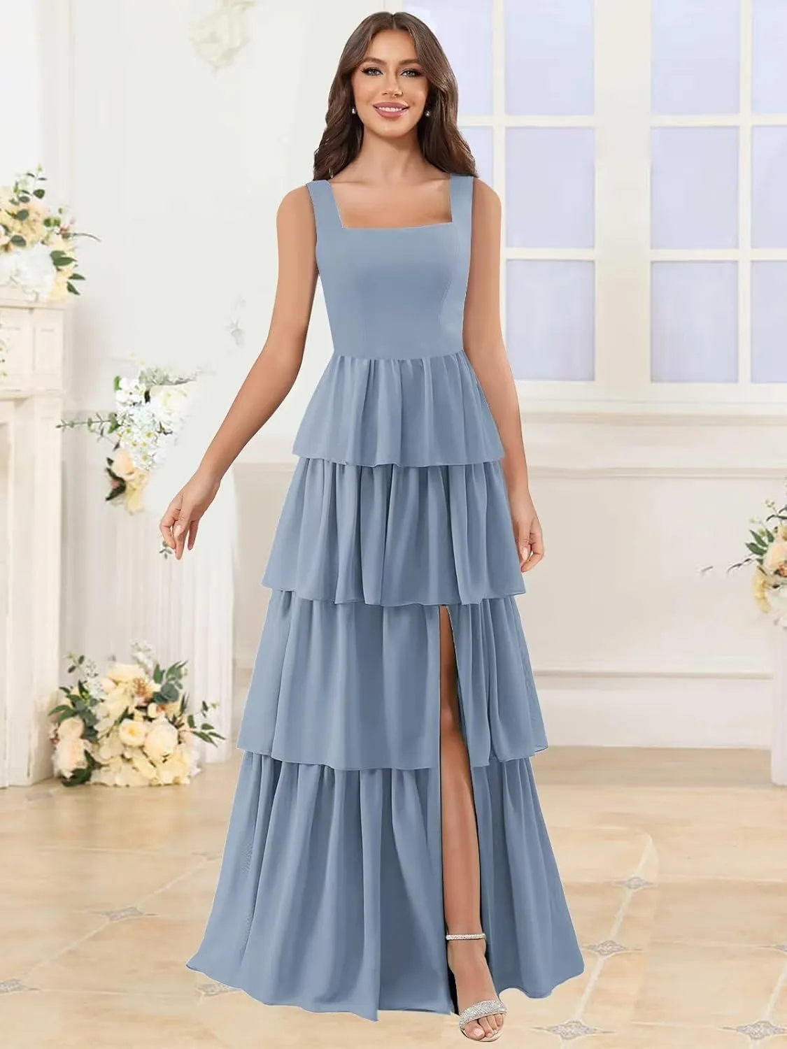Tiered Bridesmaid Dresses with Slit Spaghetti Straps Ruched Chiffon Long Formal Dress Evening Gown