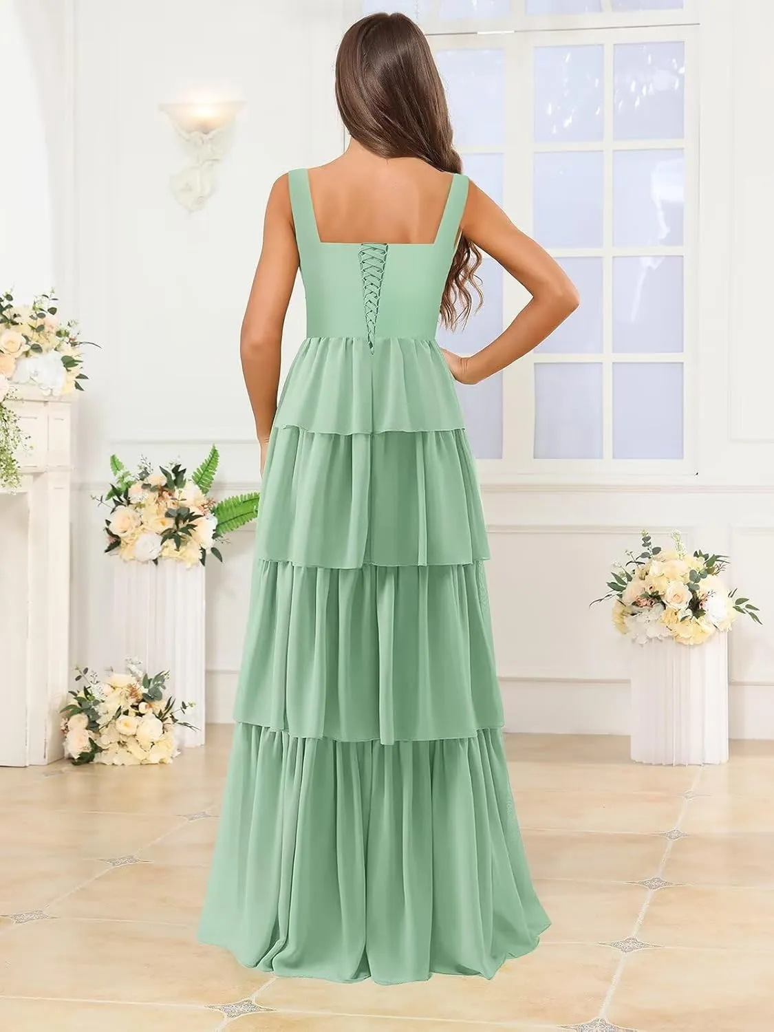 Tiered Bridesmaid Dresses with Slit Spaghetti Straps Ruched Chiffon Long Formal Dress Evening Gown