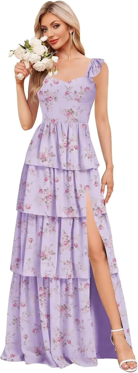Tiered Ruffle Bridesmaid Dresses Floral Chiffon Long A Line Evening Formal Gown