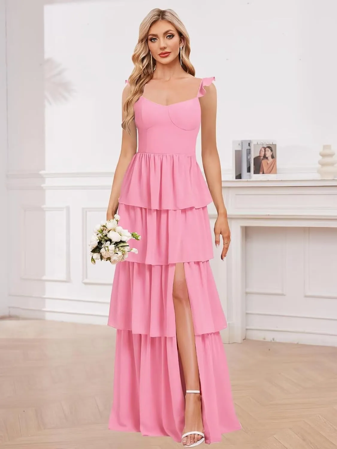 Tiered Ruffle Bridesmaid Dresses Floral Chiffon Long A Line Evening Formal Gown