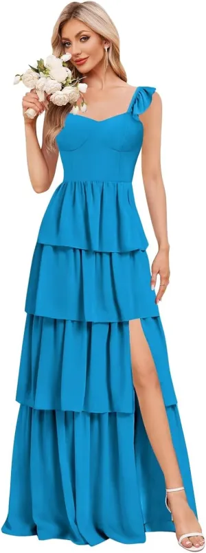 Tiered Ruffle Bridesmaid Dresses Floral Chiffon Long A Line Evening Formal Gown