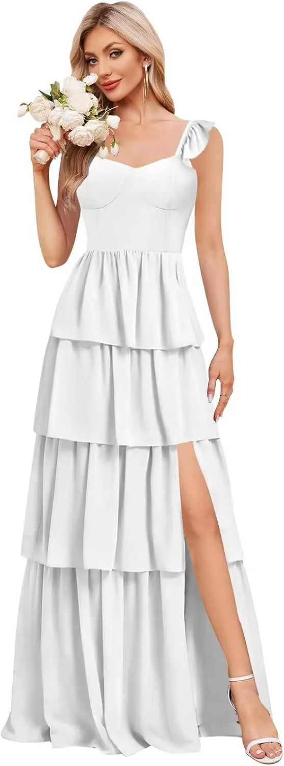Tiered Ruffle Bridesmaid Dresses Floral Chiffon Long A Line Evening Formal Gown