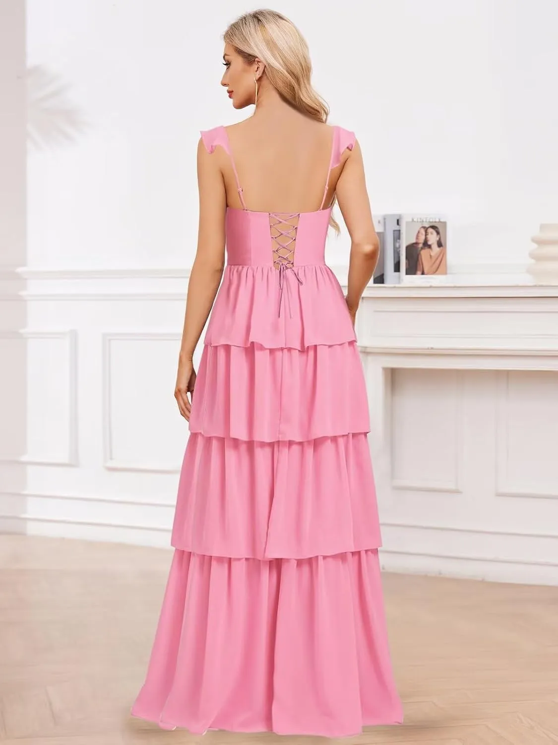 Tiered Ruffle Bridesmaid Dresses Floral Chiffon Long A Line Evening Formal Gown