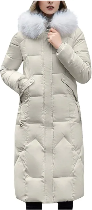 TIMIFIS Down Jacket Women with Fur Hood Plus Size Long Puffer Coats Chunky Quilted Overcoats Winter Warm Parka with Pocket