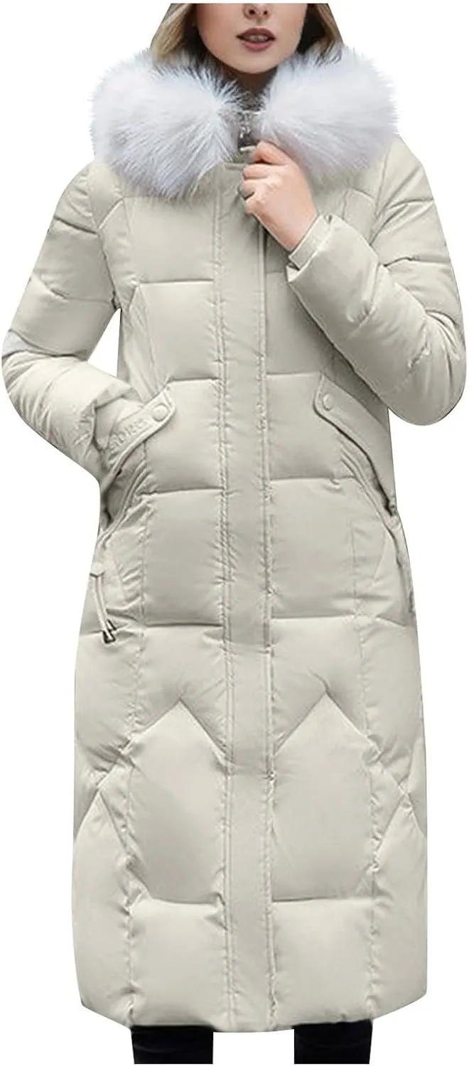 TIMIFIS Down Jacket Women with Fur Hood Plus Size Long Puffer Coats Chunky Quilted Overcoats Winter Warm Parka with Pocket