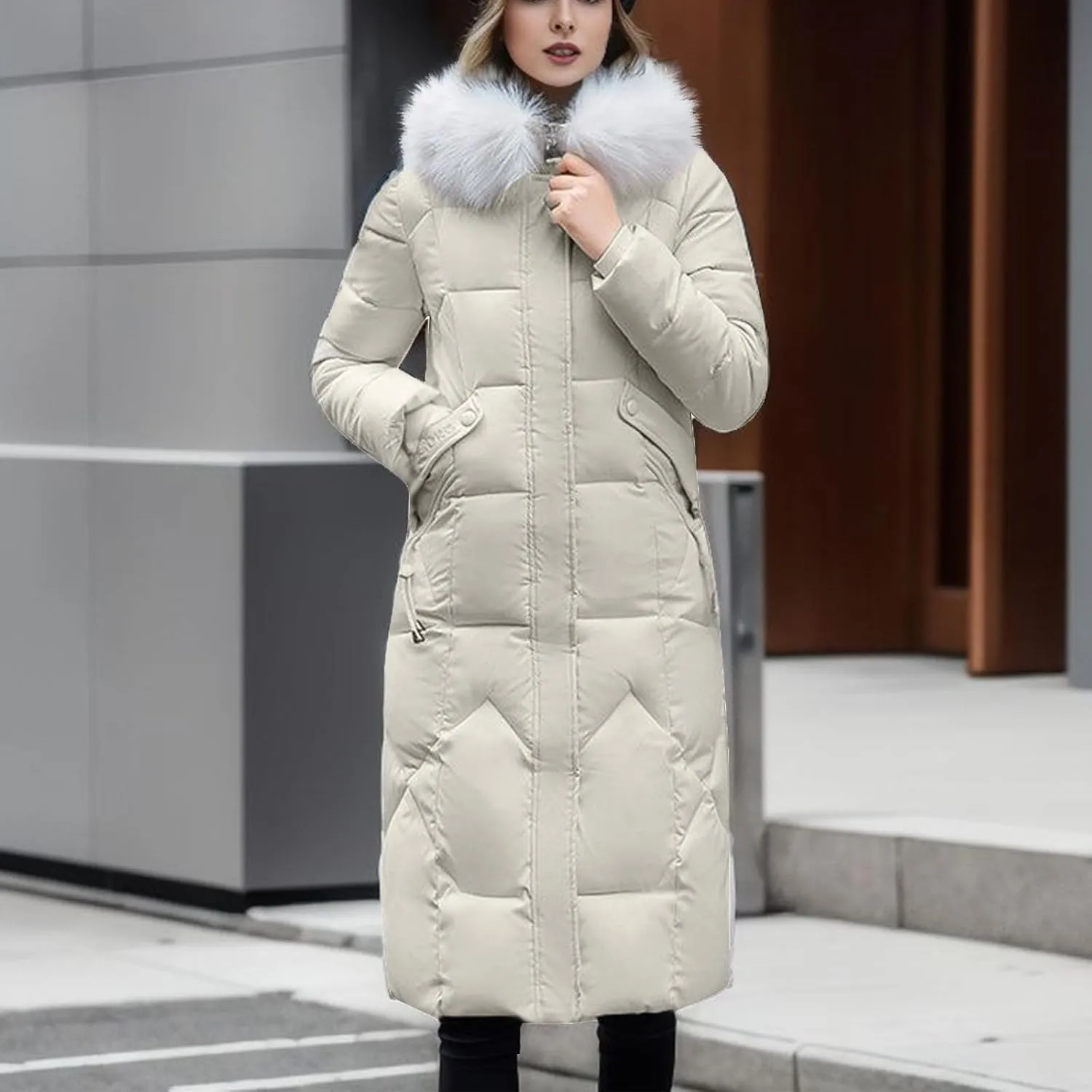 TIMIFIS Down Jacket Women with Fur Hood Plus Size Long Puffer Coats Chunky Quilted Overcoats Winter Warm Parka with Pocket