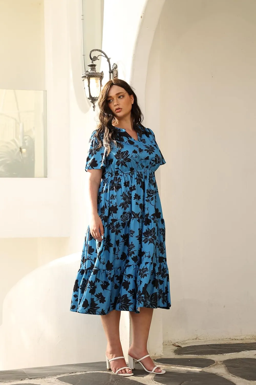 TIYOMI Women Plus Size Dress Boho V Neck Short Sleeve Beach Maxi Dresses Floral/Stripe/Leaves/Lemon XL-5XL