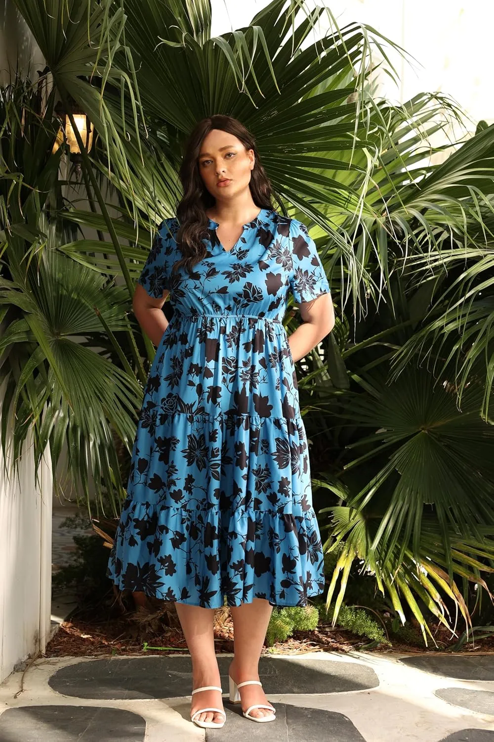 TIYOMI Women Plus Size Dress Boho V Neck Short Sleeve Beach Maxi Dresses Floral/Stripe/Leaves/Lemon XL-5XL