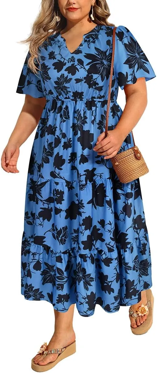 TIYOMI Women Plus Size Dress Boho V Neck Short Sleeve Beach Maxi Dresses Floral/Stripe/Leaves/Lemon XL-5XL