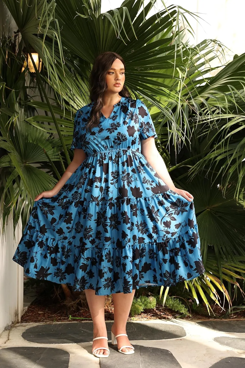 TIYOMI Women Plus Size Dress Boho V Neck Short Sleeve Beach Maxi Dresses Floral/Stripe/Leaves/Lemon XL-5XL