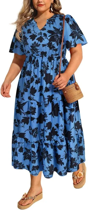 TIYOMI Women Plus Size Dress Boho V Neck Short Sleeve Beach Maxi Dresses Floral/Stripe/Leaves/Lemon XL-5XL