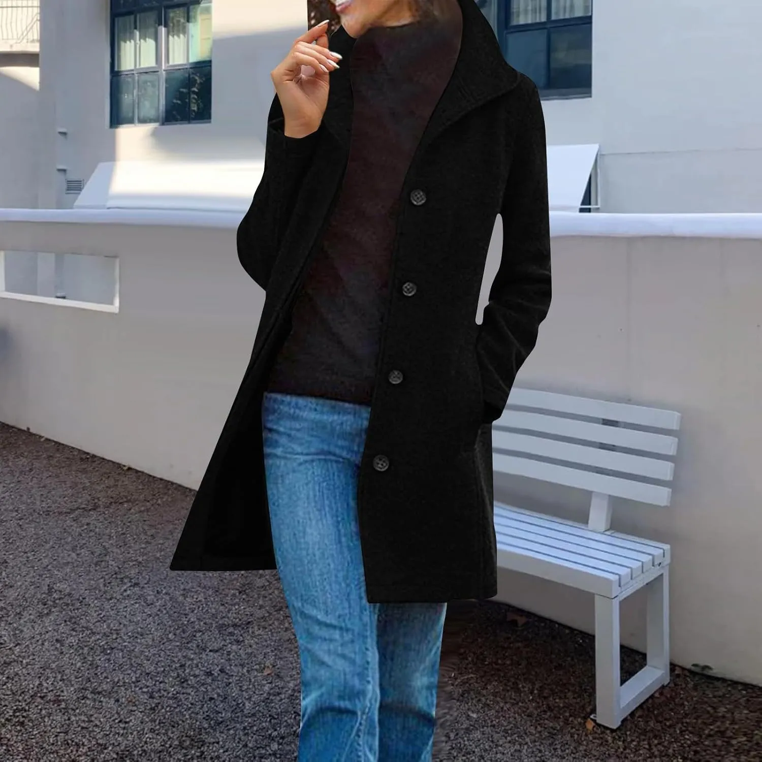 Trench Coat for Women Winter Lapel Collar Single Breasted Pea Coats Wool Blend Warm Windproof Winter Blazer Jacket