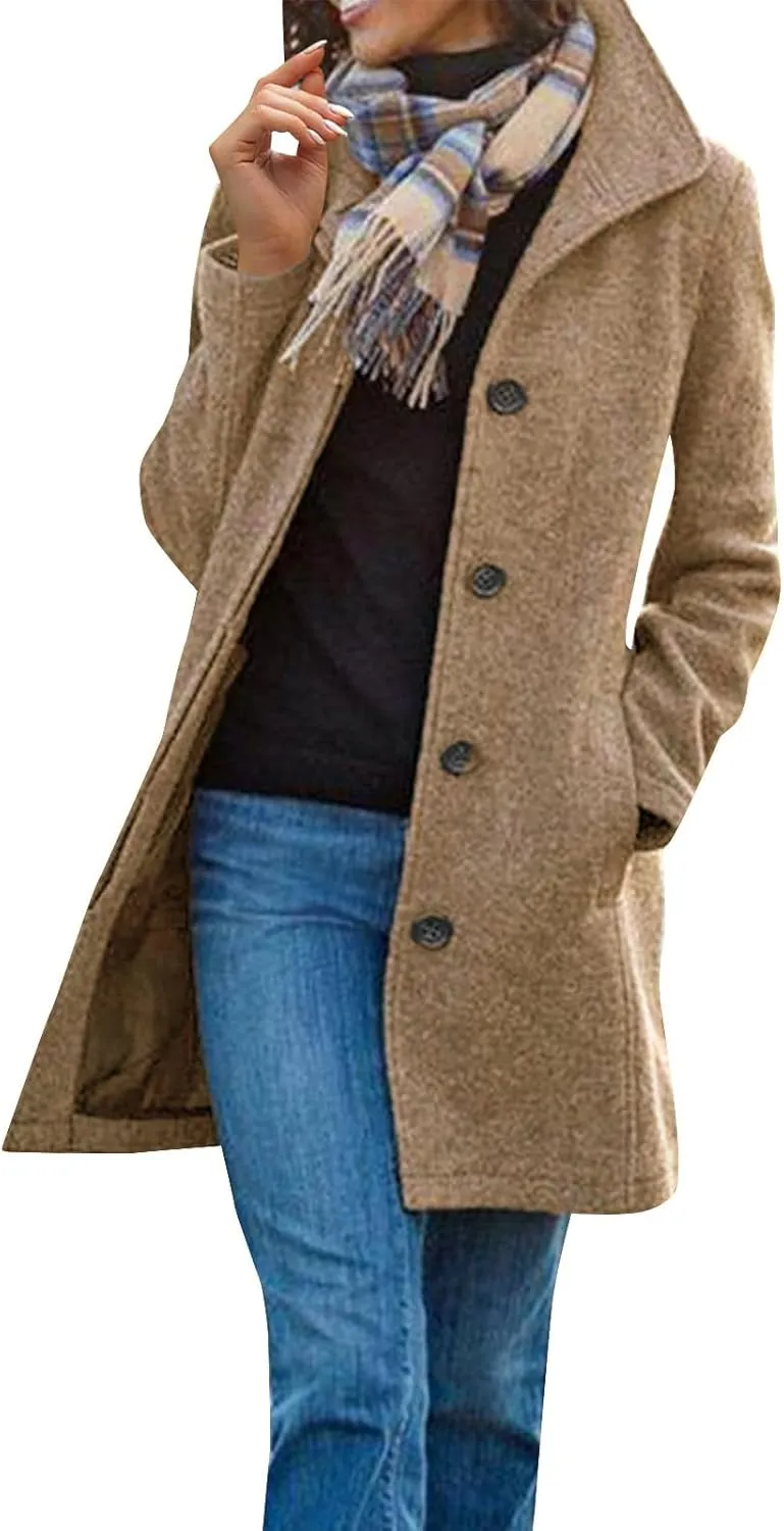 Trench Coat for Women Winter Lapel Collar Single Breasted Pea Coats Wool Blend Warm Windproof Winter Blazer Jacket
