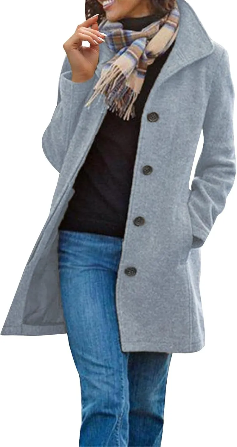 Trench Coat for Women Winter Lapel Collar Single Breasted Pea Coats Wool Blend Warm Windproof Winter Blazer Jacket