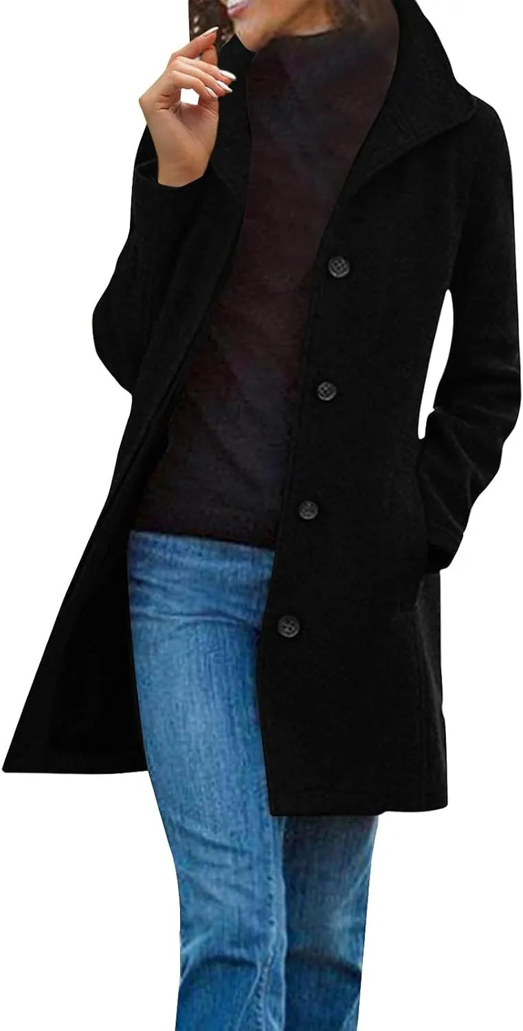 Trench Coat for Women Winter Lapel Collar Single Breasted Pea Coats Wool Blend Warm Windproof Winter Blazer Jacket